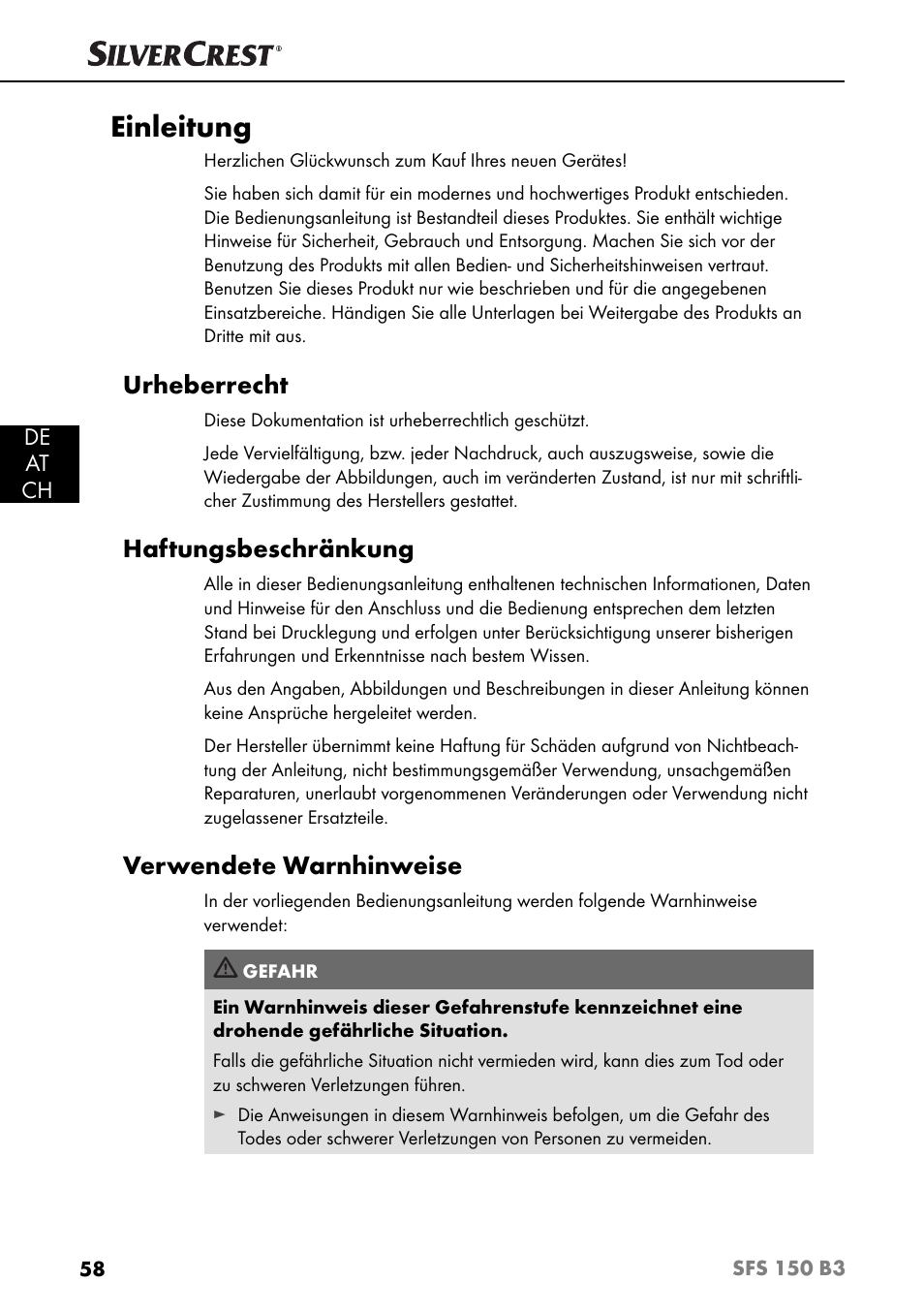Einleitung, Urheberrecht, Haftungsbeschränkung | Verwendete warnhinweise, De at ch | Silvercrest SFS 150 B3 User Manual | Page 61 / 74