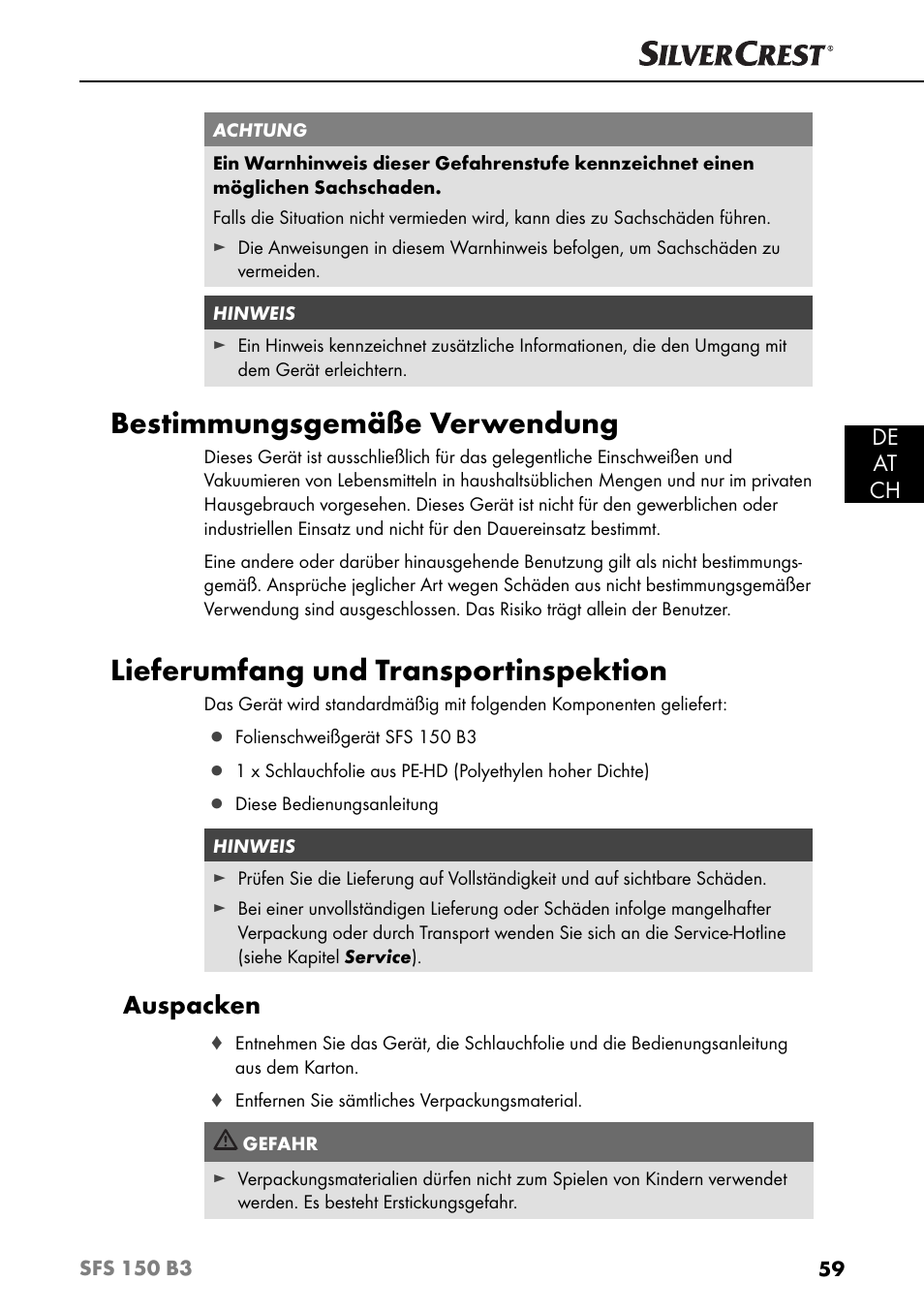 Bestimmungsgemäße verwendung, Lieferumfang und transportinspektion, Auspacken | De at ch | Silvercrest SFS 150 B3 User Manual | Page 62 / 74