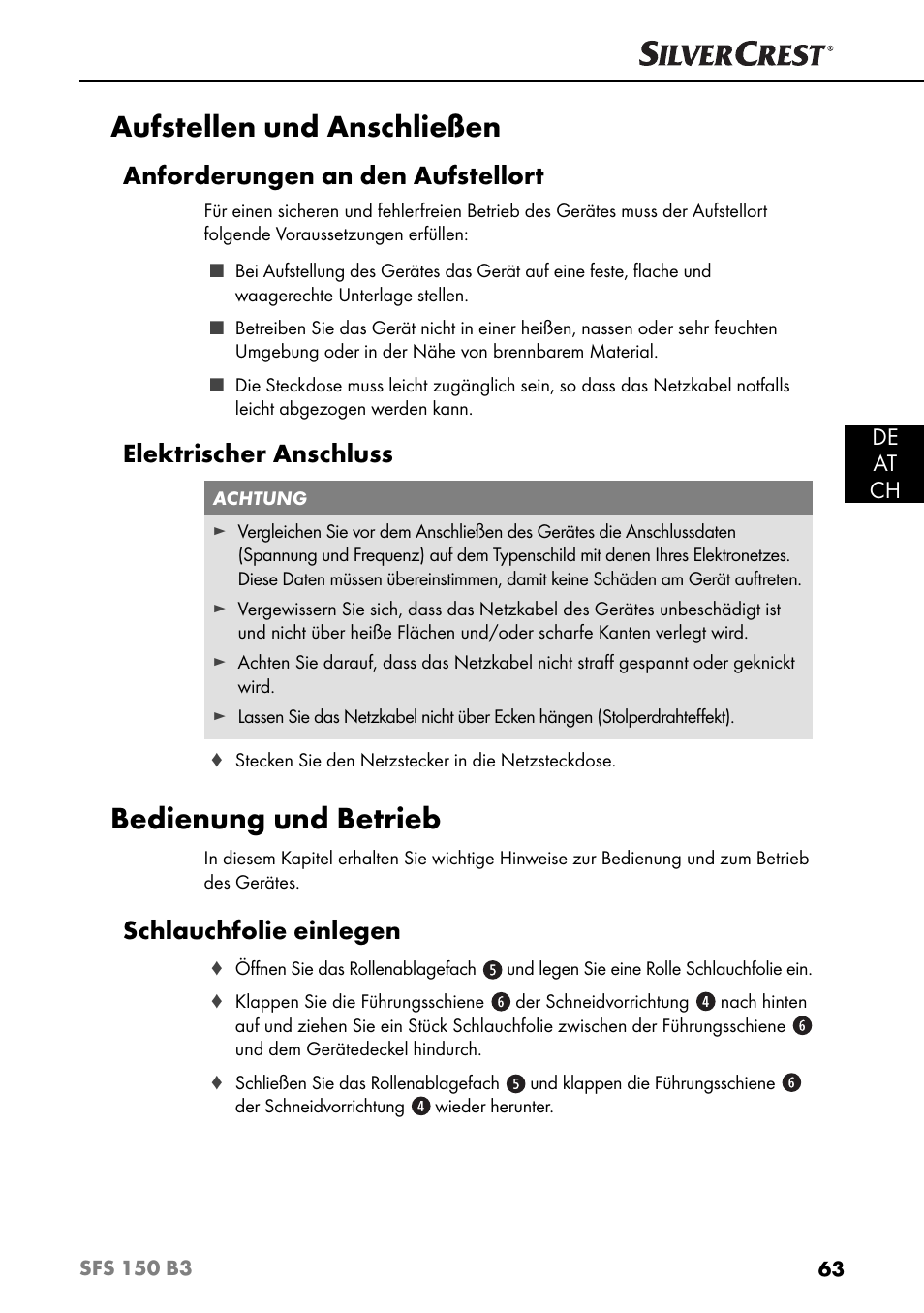 Aufstellen und anschließen, Bedienung und betrieb, Anforderungen an den aufstellort | Elektrischer anschluss, Schlauchfolie einlegen, De at ch | Silvercrest SFS 150 B3 User Manual | Page 66 / 74