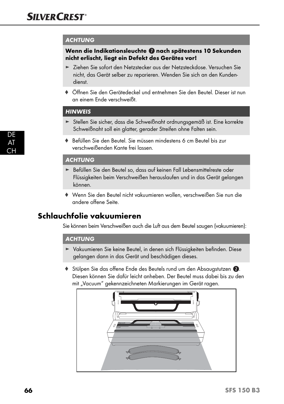 Schlauchfolie vakuumieren, De at ch | Silvercrest SFS 150 B3 User Manual | Page 69 / 74