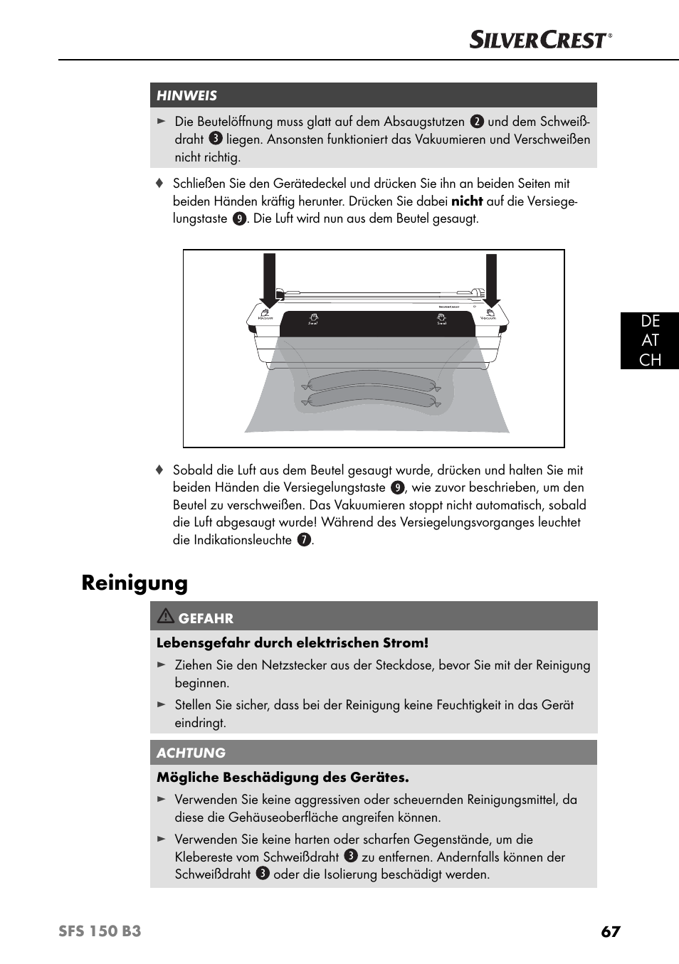 Reinigung, De at ch | Silvercrest SFS 150 B3 User Manual | Page 70 / 74