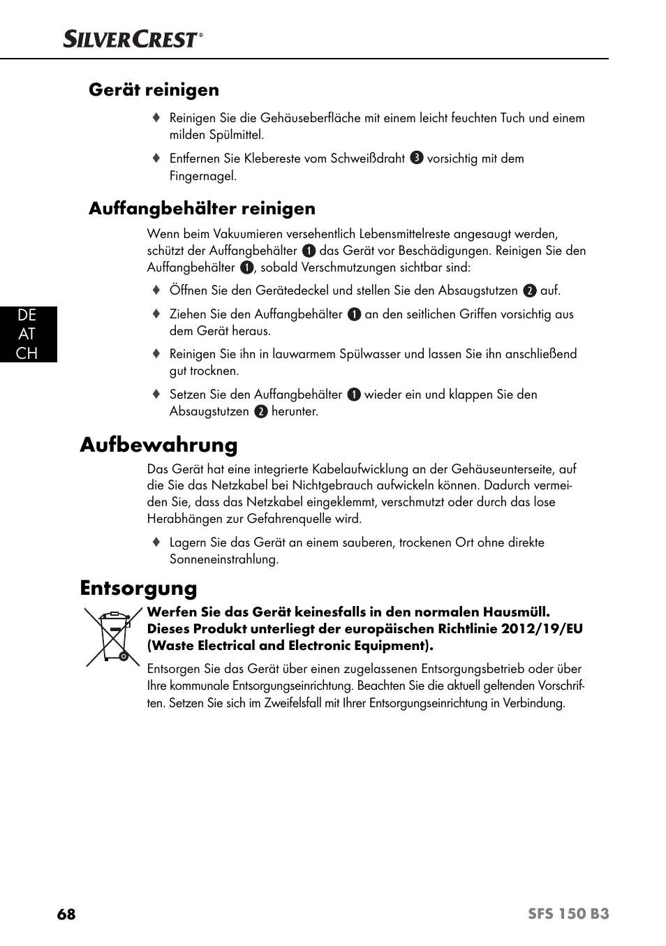 Aufbewahrung, Entsorgung, Gerät reinigen | Auﬀ angbehälter reinigen, De at ch | Silvercrest SFS 150 B3 User Manual | Page 71 / 74