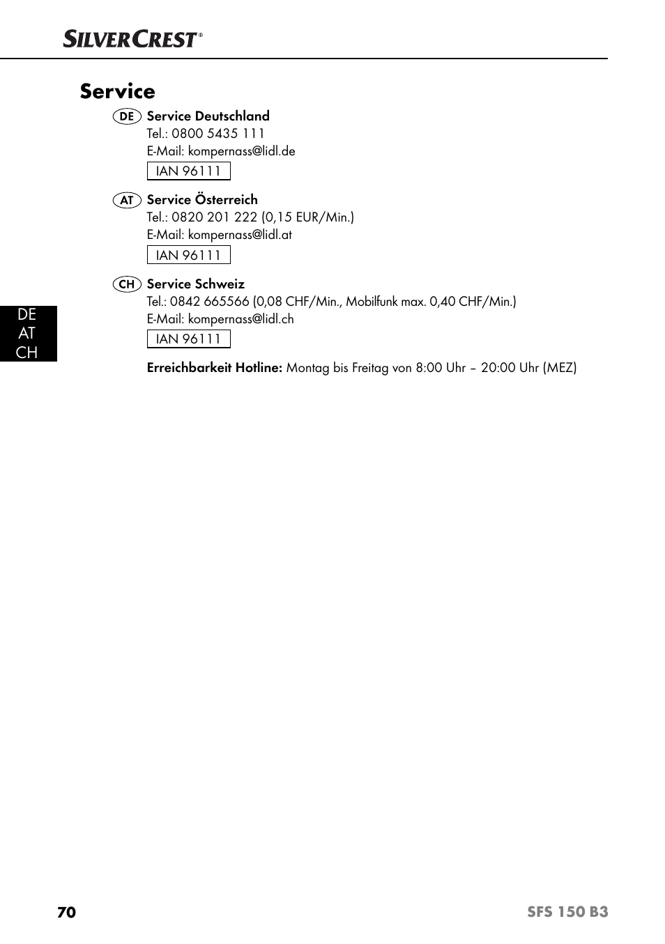 Service, De at ch | Silvercrest SFS 150 B3 User Manual | Page 73 / 74