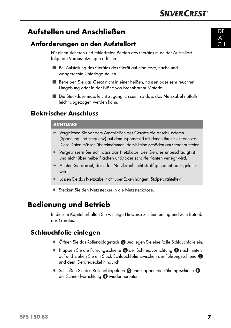 Aufstellen und anschließen, Bedienung und betrieb, Anforderungen an den aufstellort | Elektrischer anschluss, Schlauchfolie einlegen, De at ch | Silvercrest SFS 150 B3 User Manual | Page 10 / 73