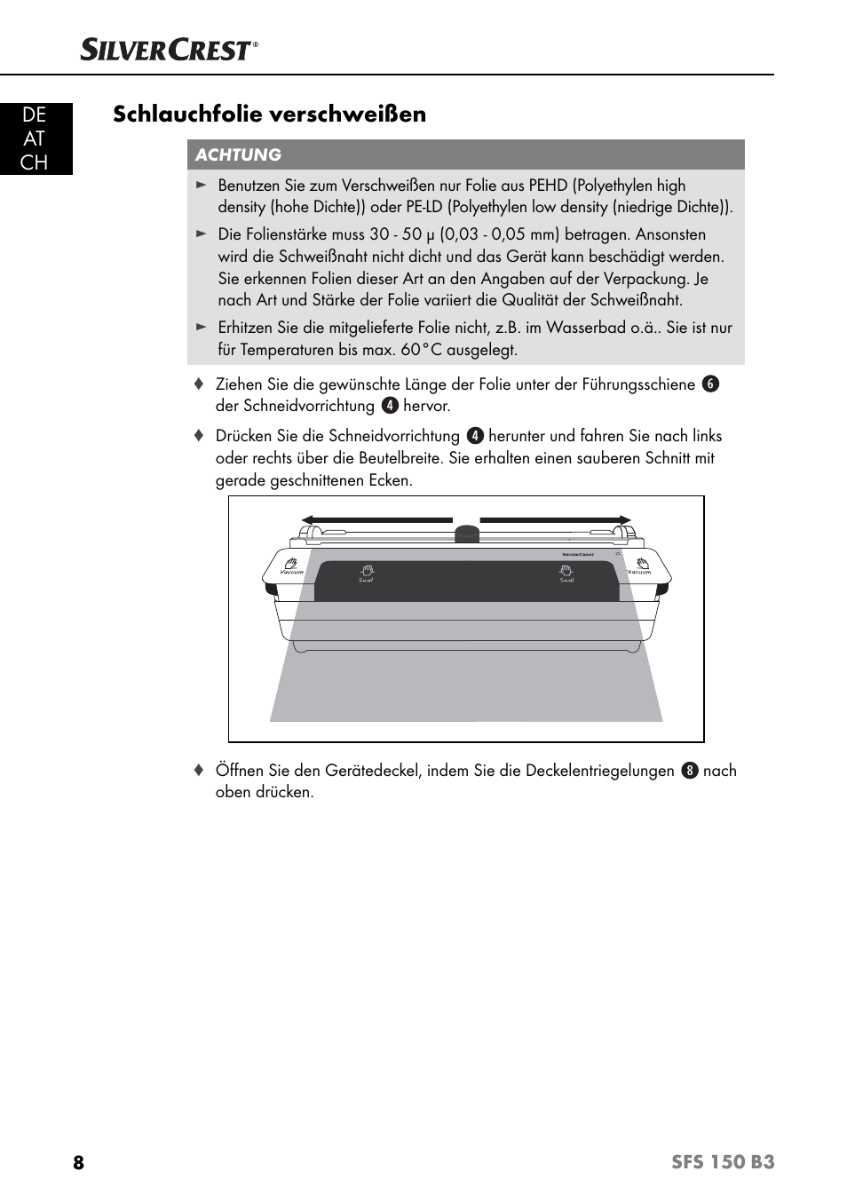 Schlauchfolie verschweißen, De at ch | Silvercrest SFS 150 B3 User Manual | Page 11 / 73