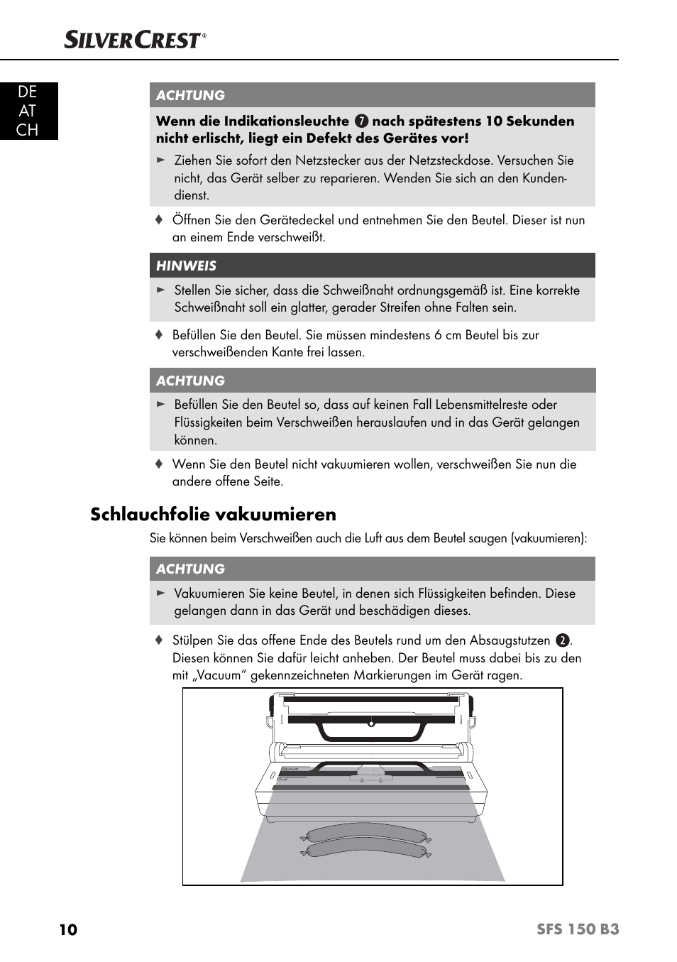 Schlauchfolie vakuumieren, De at ch | Silvercrest SFS 150 B3 User Manual | Page 13 / 73