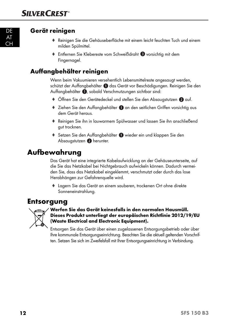 Aufbewahrung, Entsorgung, Gerät reinigen | Auﬀ angbehälter reinigen, De at ch | Silvercrest SFS 150 B3 User Manual | Page 15 / 73