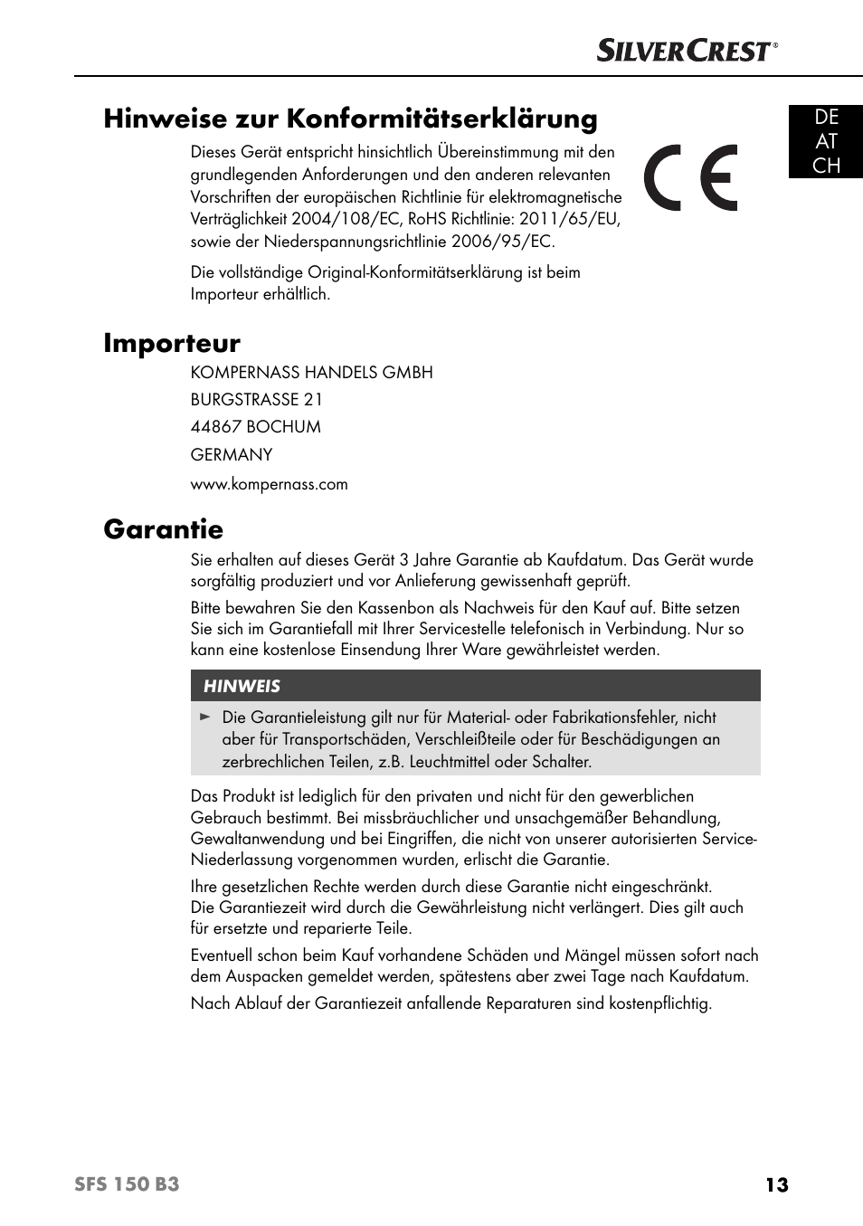 Hinweise zur konformitätserklärung, Importeur, Garantie | Silvercrest SFS 150 B3 User Manual | Page 16 / 73