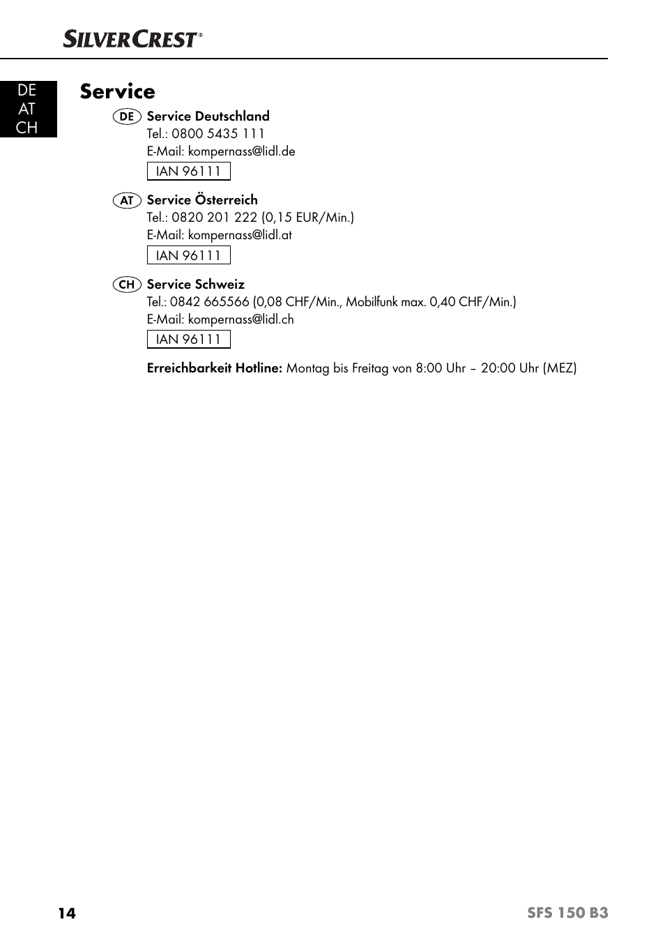 Service, De at ch | Silvercrest SFS 150 B3 User Manual | Page 17 / 73