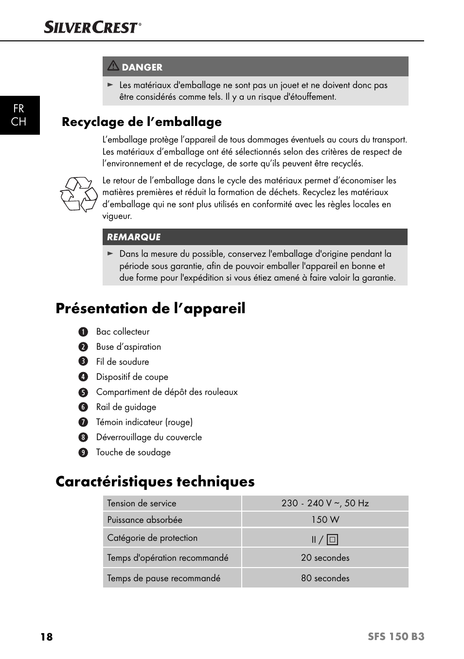 Présentation de l’appareil, Caractéristiques techniques, Recyclage de l’emballage | Fr ch | Silvercrest SFS 150 B3 User Manual | Page 21 / 73