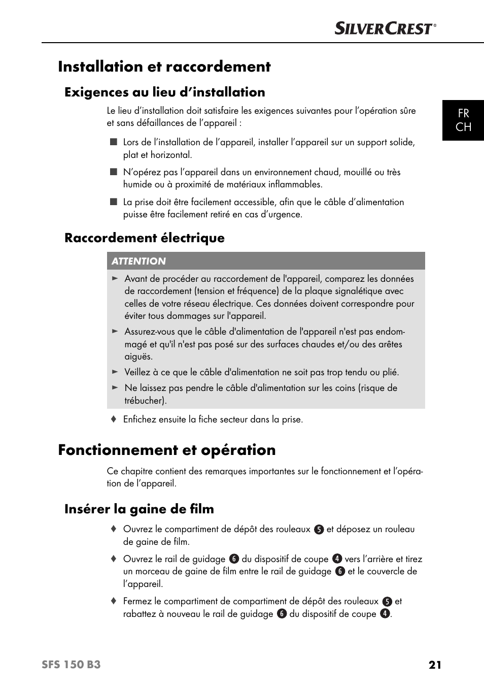 Installation et raccordement, Fonctionnement et opération, Exigences au lieu d’installation | Raccordement électrique, Insérer la gaine de ﬁ lm, Fr ch | Silvercrest SFS 150 B3 User Manual | Page 24 / 73