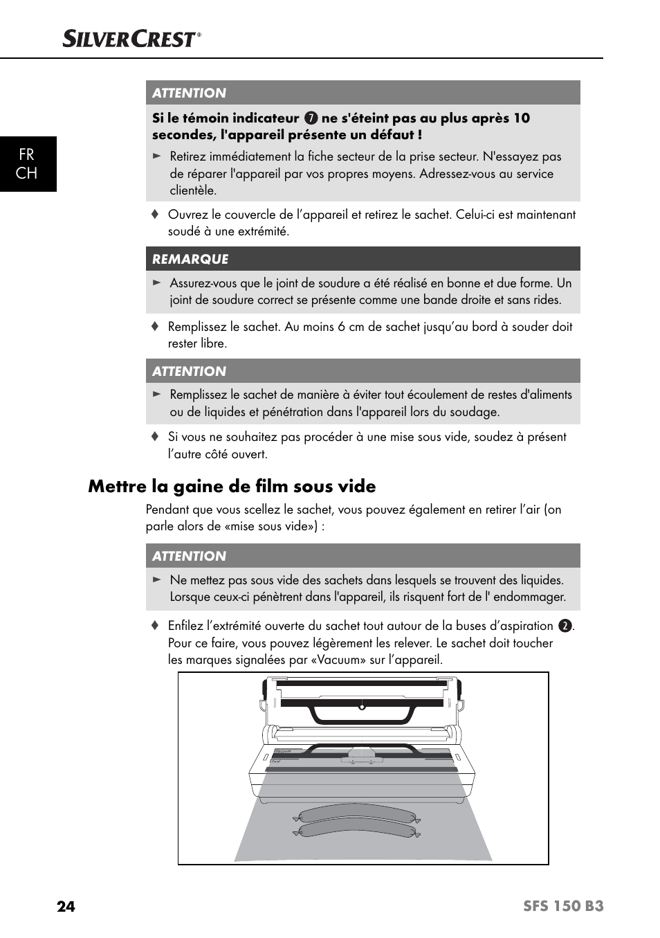 Mettre la gaine de ﬁ lm sous vide, Fr ch | Silvercrest SFS 150 B3 User Manual | Page 27 / 73