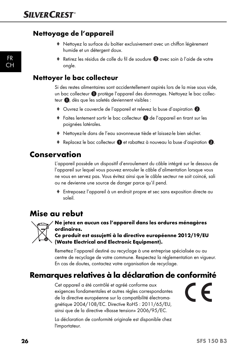 Conservation, Mise au rebut, Remarques relatives à la déclaration de conformité | Nettoyage de l’appareil, Nettoyer le bac collecteur, Fr ch | Silvercrest SFS 150 B3 User Manual | Page 29 / 73