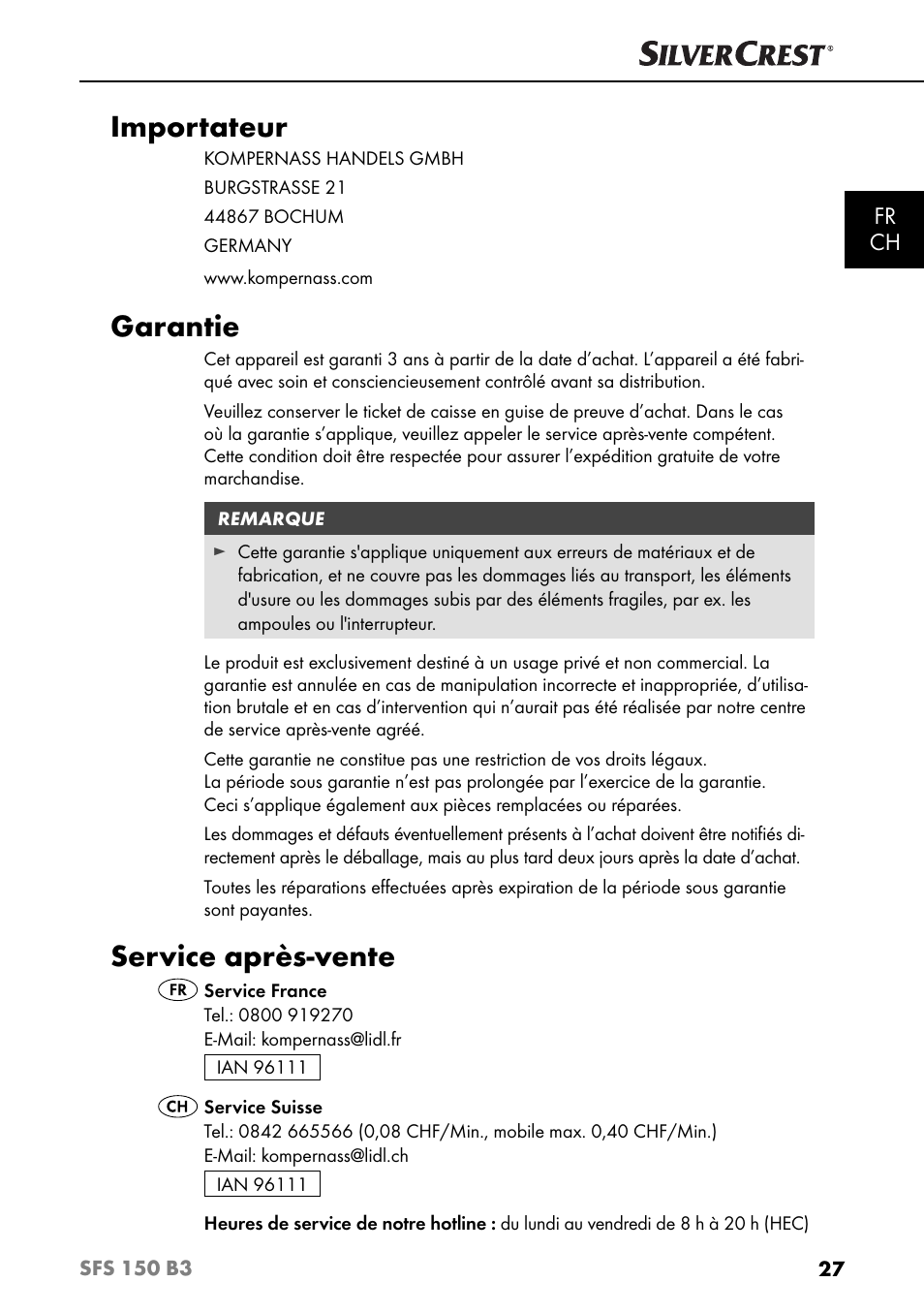 Importateur, Garantie, Service après-vente | Fr ch | Silvercrest SFS 150 B3 User Manual | Page 30 / 73