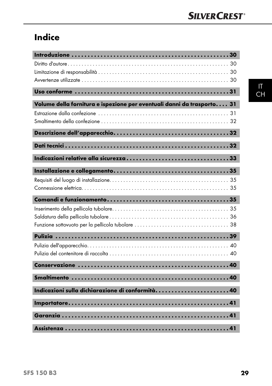 Indice, It ch | Silvercrest SFS 150 B3 User Manual | Page 32 / 73