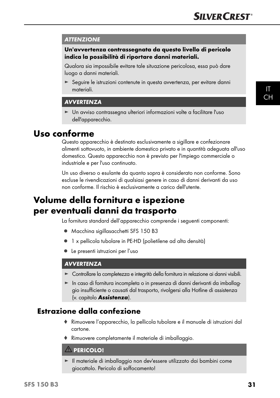 Uso conforme, Estrazione dalla confezione, It ch | Silvercrest SFS 150 B3 User Manual | Page 34 / 73