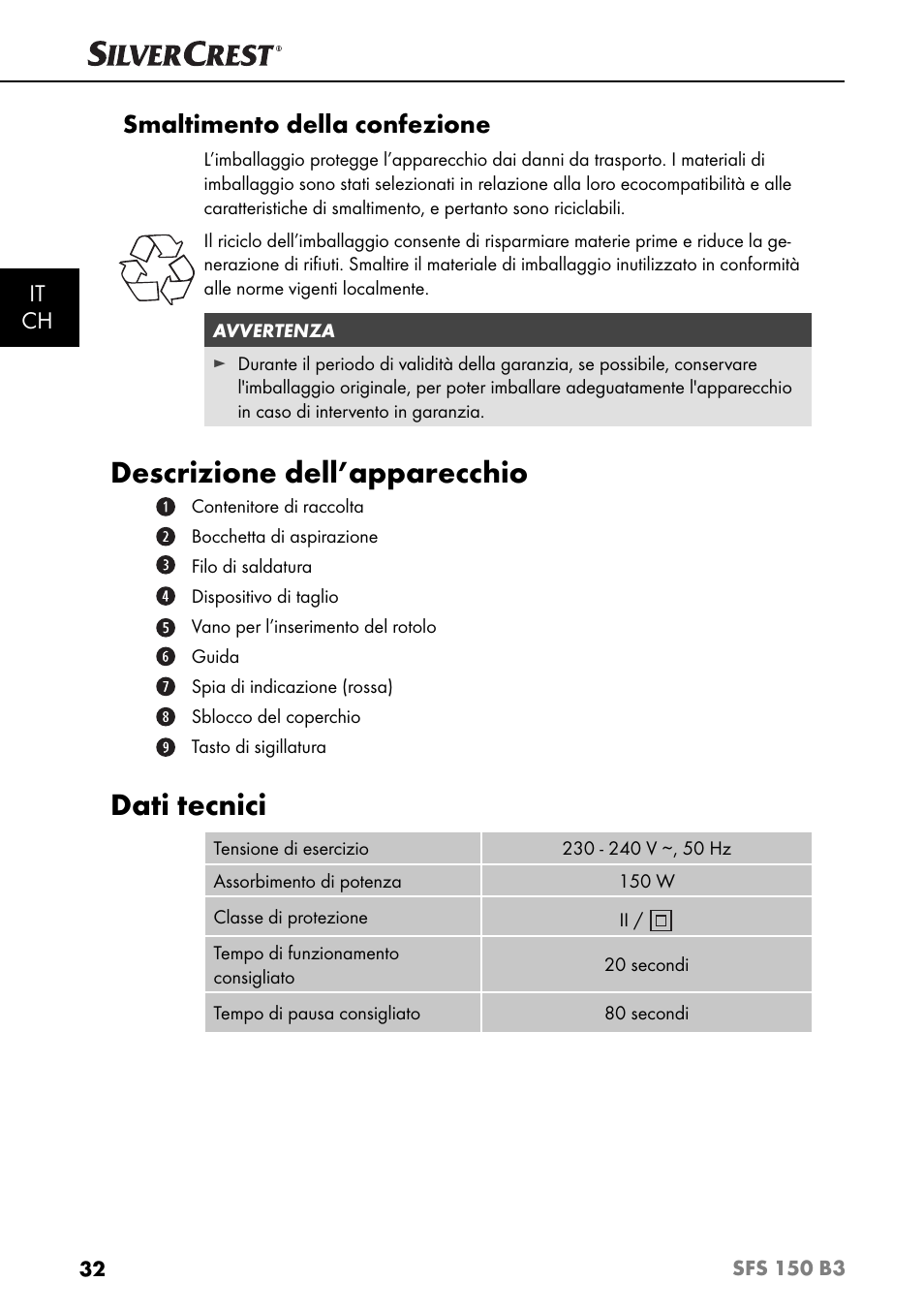 Descrizione dell’apparecchio, Dati tecnici, Smaltimento della confezione | It ch | Silvercrest SFS 150 B3 User Manual | Page 35 / 73