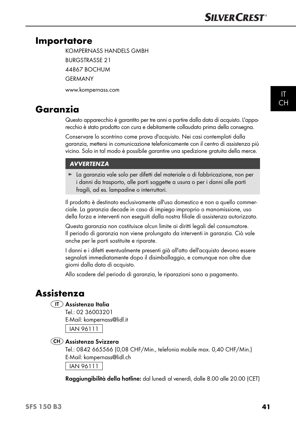 Importatore, Garanzia, Assistenza | It ch | Silvercrest SFS 150 B3 User Manual | Page 44 / 73