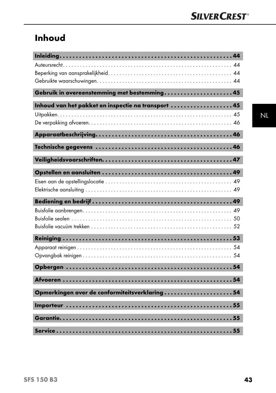 Inhoud | Silvercrest SFS 150 B3 User Manual | Page 46 / 73