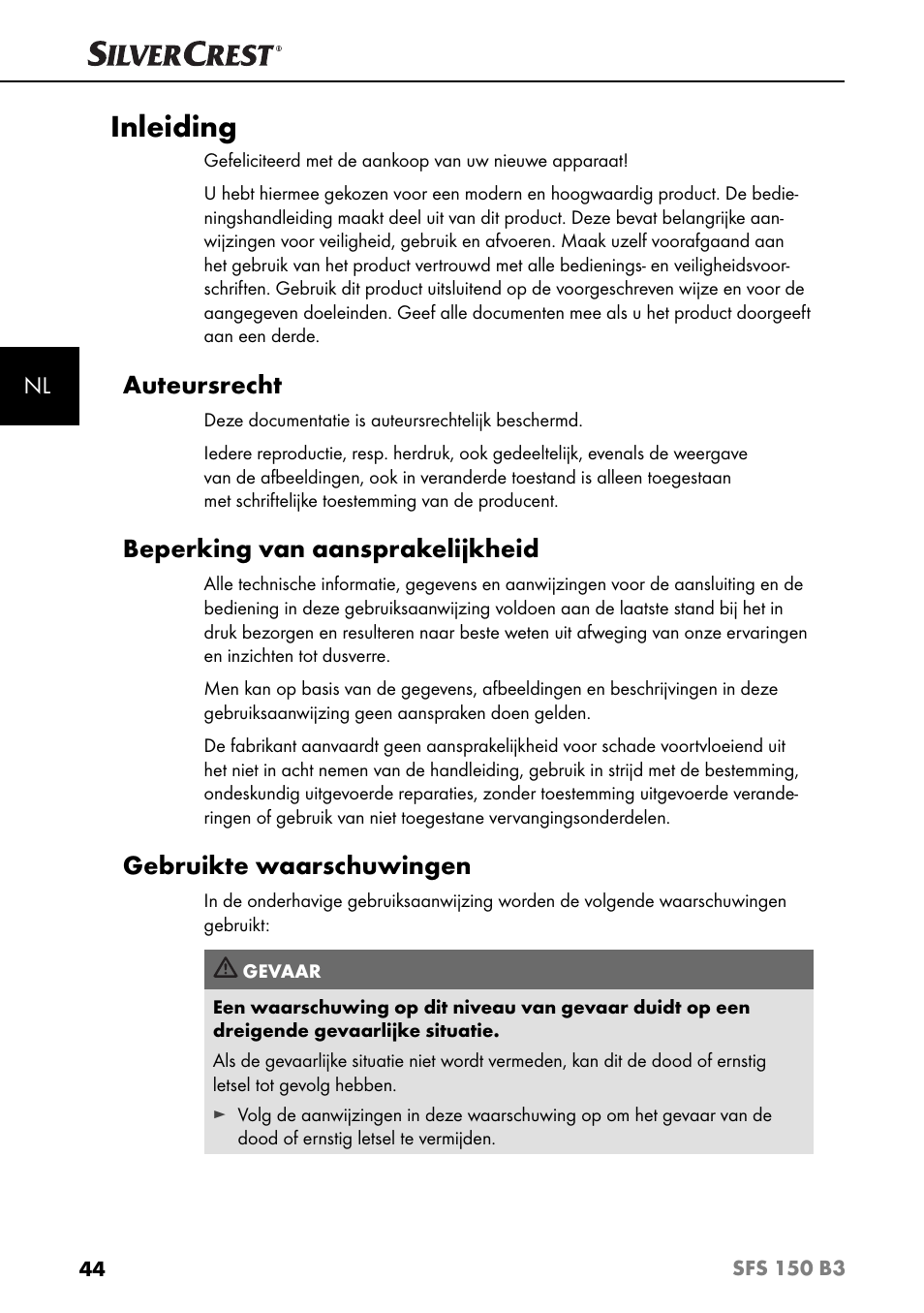 Inleiding, Auteursrecht, Beperking van aansprakelijkheid | Gebruikte waarschuwingen | Silvercrest SFS 150 B3 User Manual | Page 47 / 73