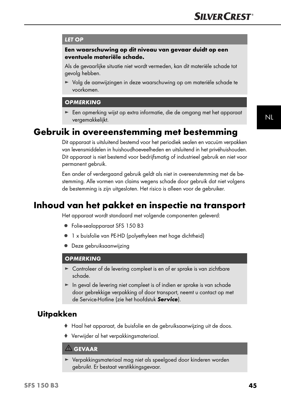 Gebruik in overeenstemming met bestemming, Inhoud van het pakket en inspectie na transport, Uitpakken | Silvercrest SFS 150 B3 User Manual | Page 48 / 73