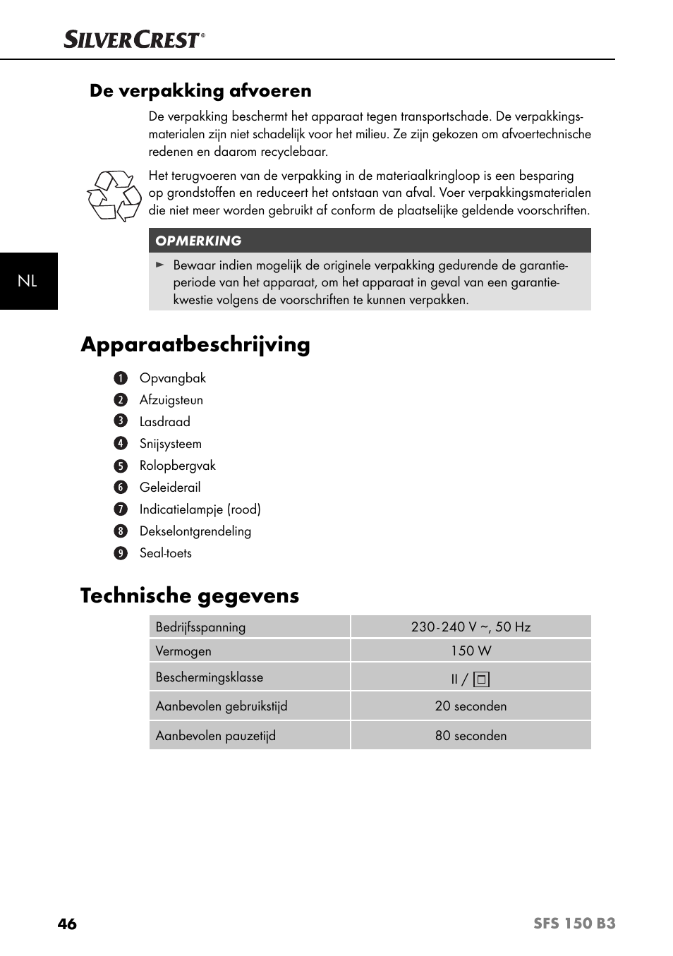 Apparaatbeschrijving, Technische gegevens, De verpakking afvoeren | Silvercrest SFS 150 B3 User Manual | Page 49 / 73