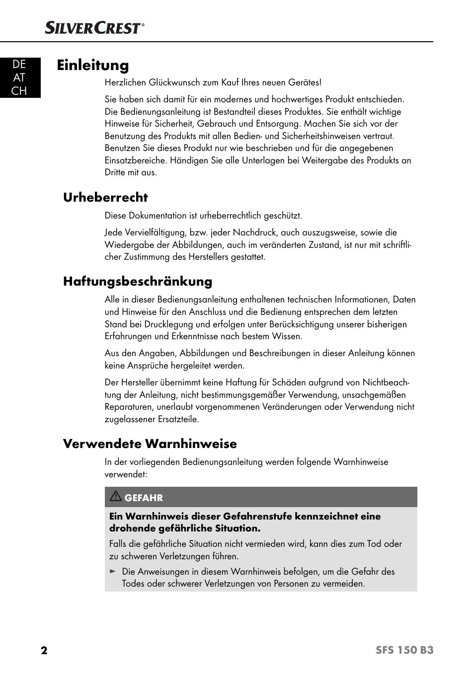 Einleitung, Urheberrecht, Haftungsbeschränkung | Verwendete warnhinweise, De at ch | Silvercrest SFS 150 B3 User Manual | Page 5 / 73