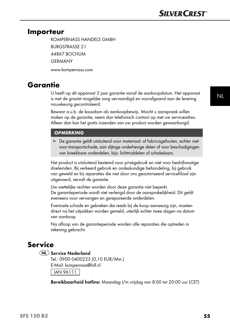 Importeur, Garantie, Service | Silvercrest SFS 150 B3 User Manual | Page 58 / 73