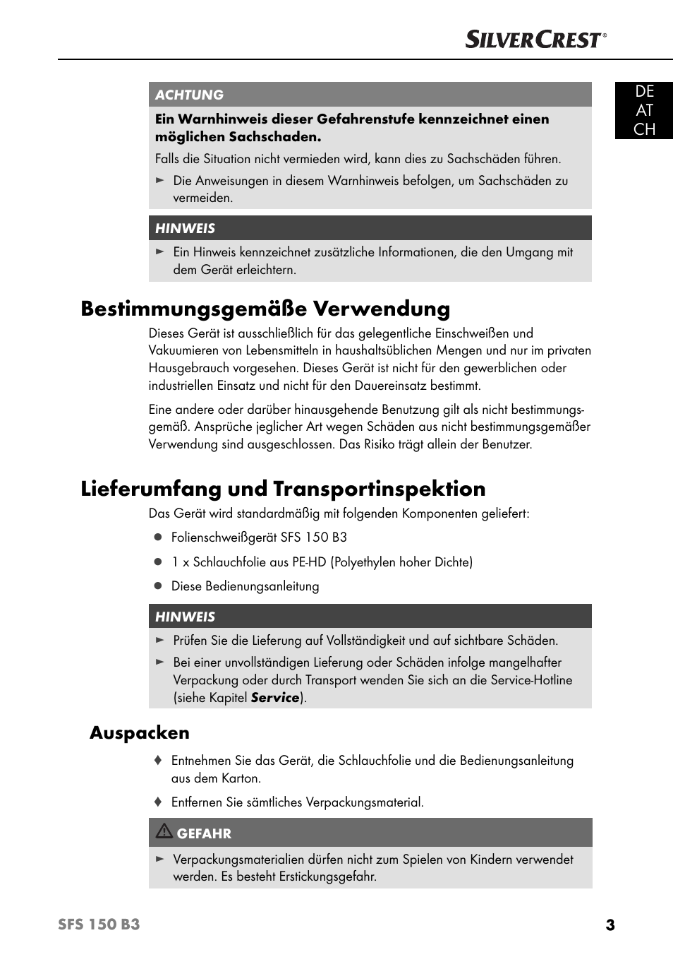 Bestimmungsgemäße verwendung, Lieferumfang und transportinspektion, Auspacken | De at ch | Silvercrest SFS 150 B3 User Manual | Page 6 / 73