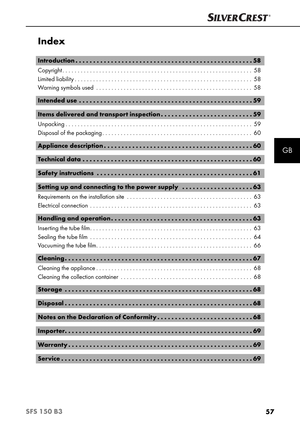 Index | Silvercrest SFS 150 B3 User Manual | Page 60 / 73