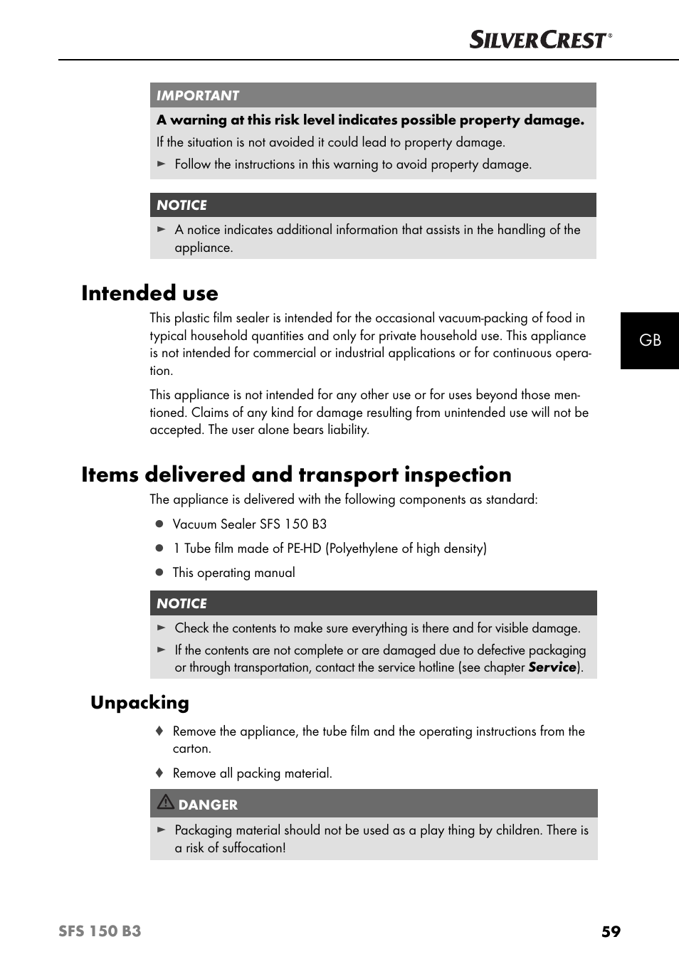 Intended use, Items delivered and transport inspection, Unpacking | Silvercrest SFS 150 B3 User Manual | Page 62 / 73
