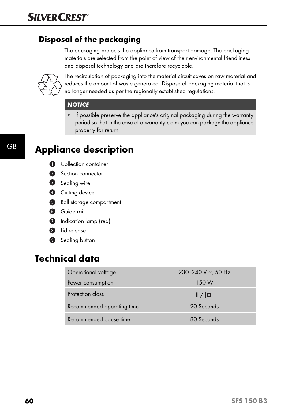 Appliance description, Technical data, Disposal of the packaging | Silvercrest SFS 150 B3 User Manual | Page 63 / 73