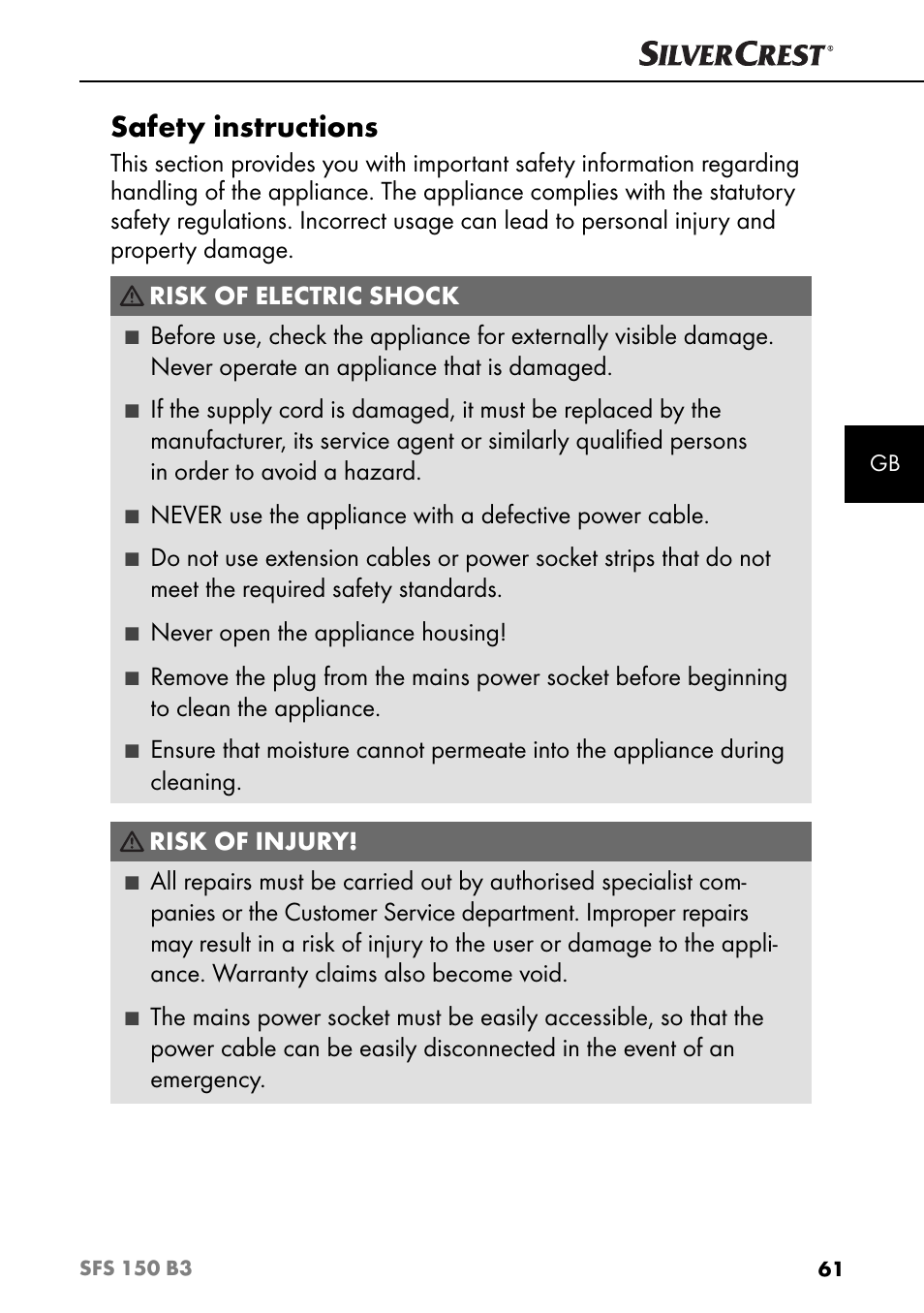 Safety instructions, Risk of electric shock, Never open the appliance housing | Risk of injury | Silvercrest SFS 150 B3 User Manual | Page 64 / 73