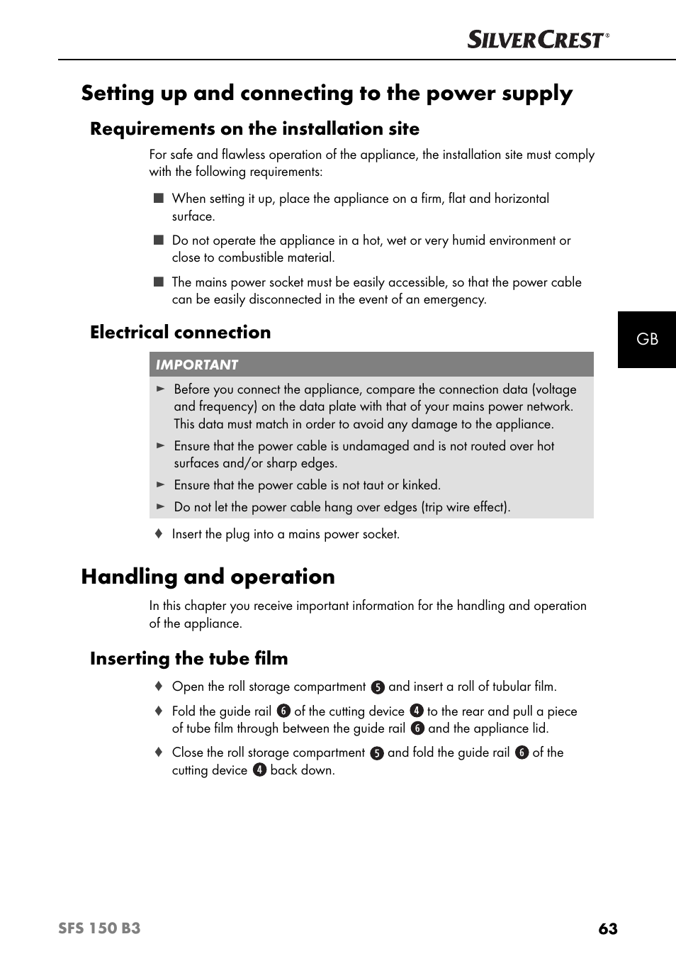 Setting up and connecting to the power supply, Handling and operation, Requirements on the installation site | Electrical connection, Inserting the tube ﬁ lm | Silvercrest SFS 150 B3 User Manual | Page 66 / 73