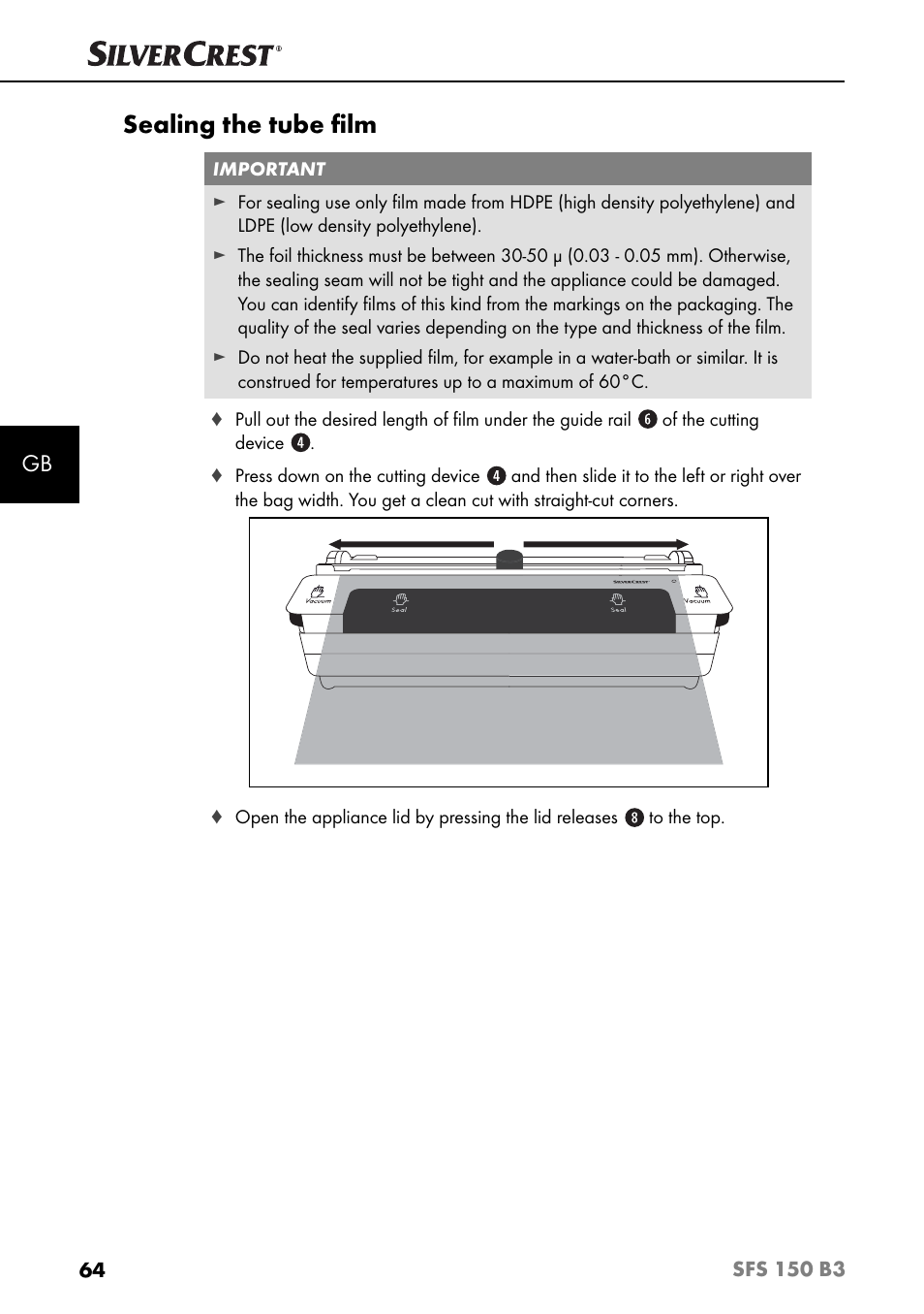 Sealing the tube ﬁ lm | Silvercrest SFS 150 B3 User Manual | Page 67 / 73