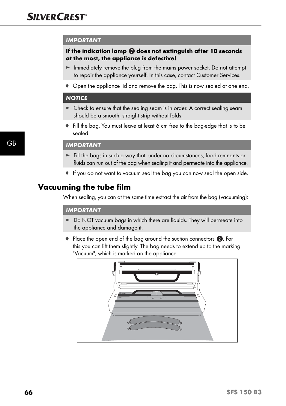 Vacuuming the tube ﬁ lm | Silvercrest SFS 150 B3 User Manual | Page 69 / 73