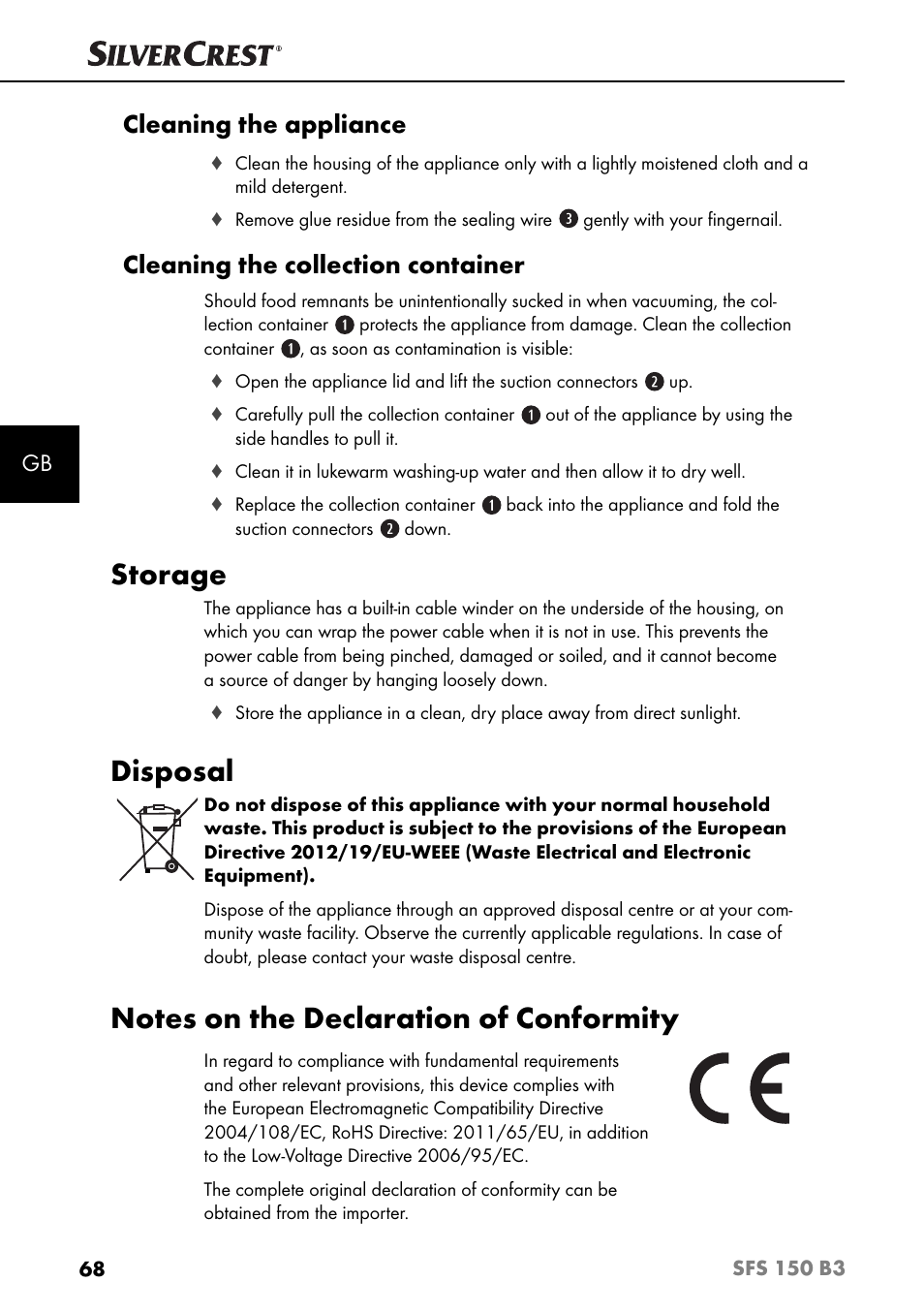 Storage, Disposal, Cleaning the appliance | Cleaning the collection container | Silvercrest SFS 150 B3 User Manual | Page 71 / 73