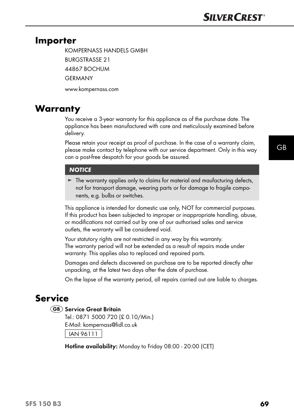 Importer, Warranty, Service | Silvercrest SFS 150 B3 User Manual | Page 72 / 73