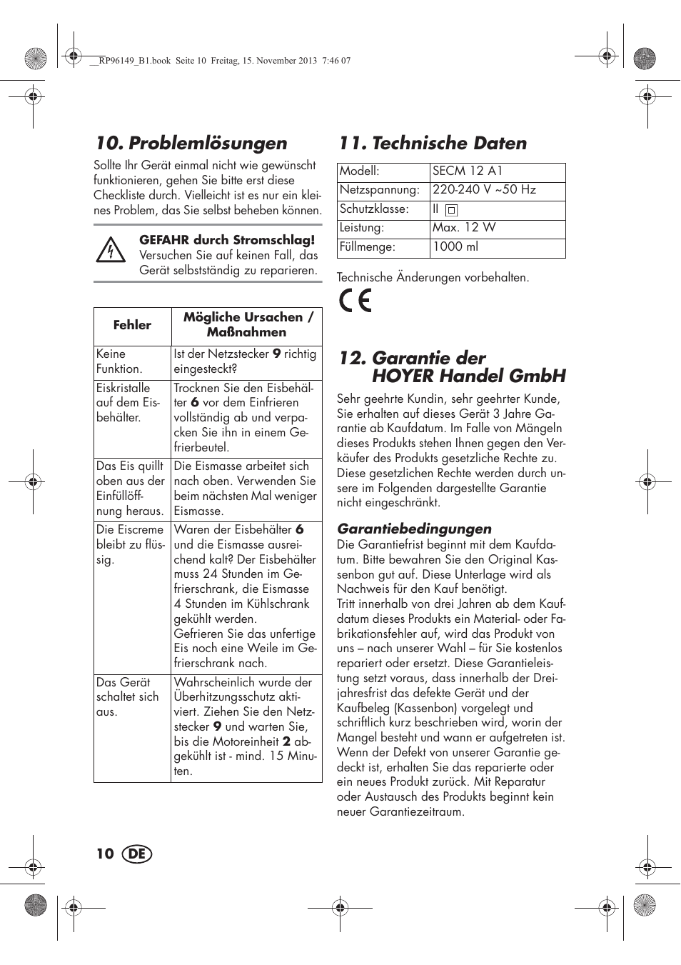 Problemlösungen, Technische daten, Garantie der hoyerhandel gmbh | Silvercrest SECM 12 A1 User Manual | Page 12 / 58