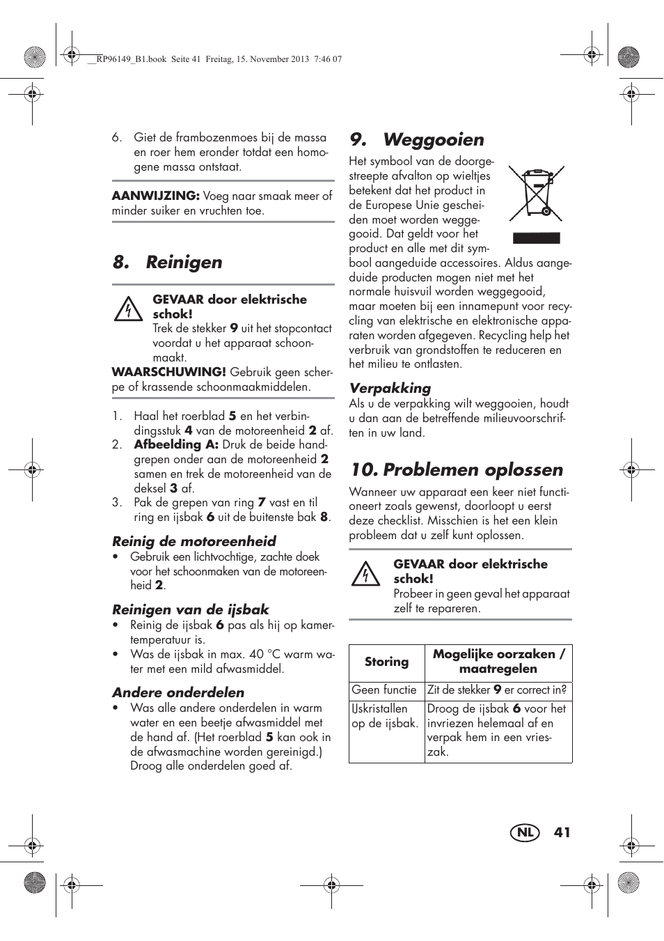 Reinigen, Weggooien, Problemen oplossen | Silvercrest SECM 12 A1 User Manual | Page 43 / 58
