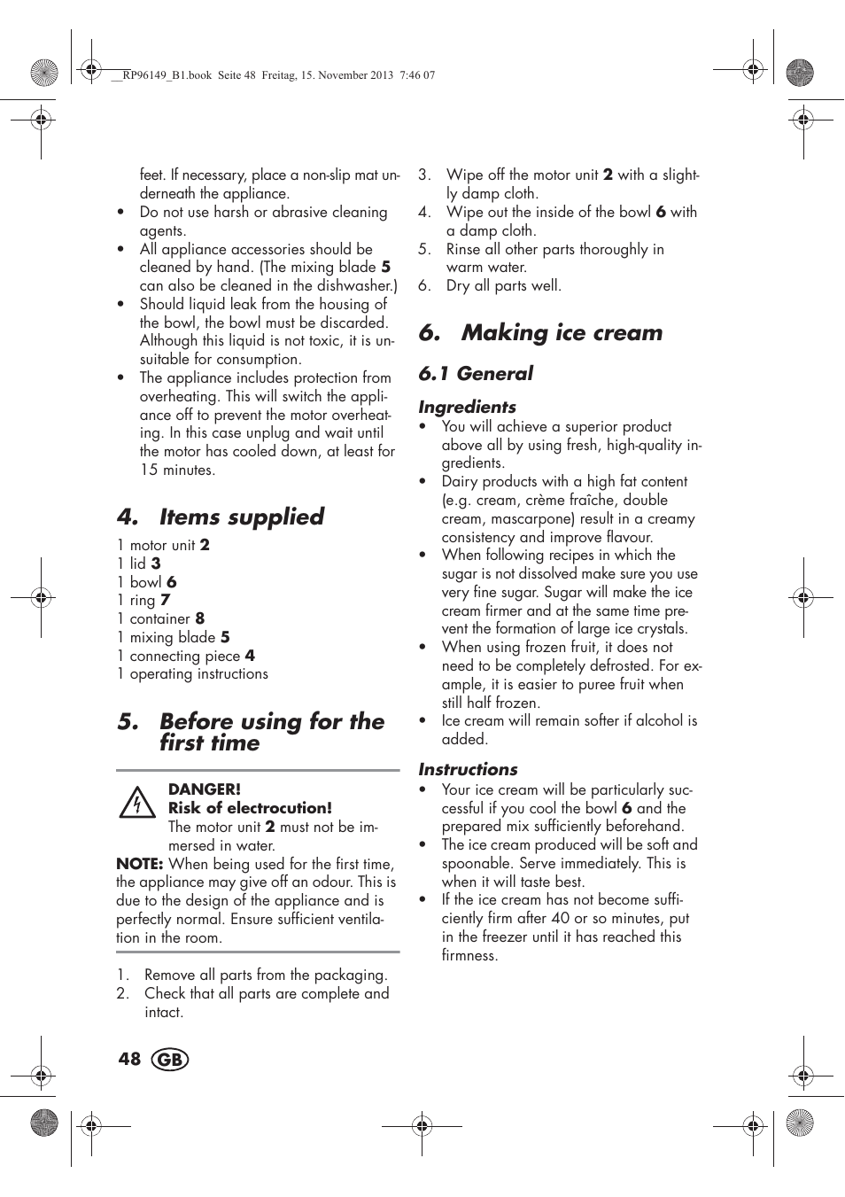 Items supplied, Before using for the first time, Making ice cream | Silvercrest SECM 12 A1 User Manual | Page 50 / 58