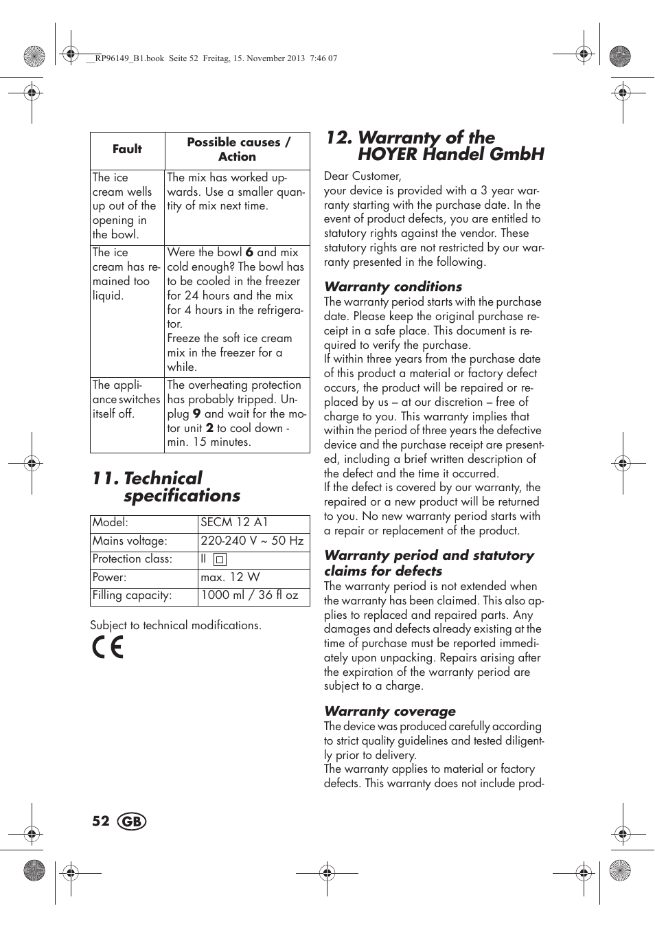 Technical specifications, Warranty of the hoyer handel gmbh | Silvercrest SECM 12 A1 User Manual | Page 54 / 58