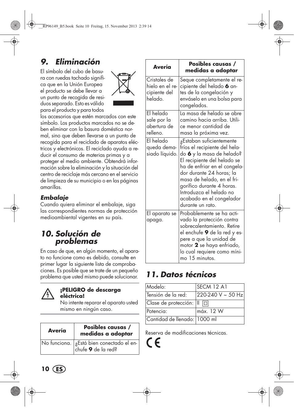 Eliminación, Solución de problemas, Datos técnicos | Silvercrest SECM 12 A1 User Manual | Page 12 / 62