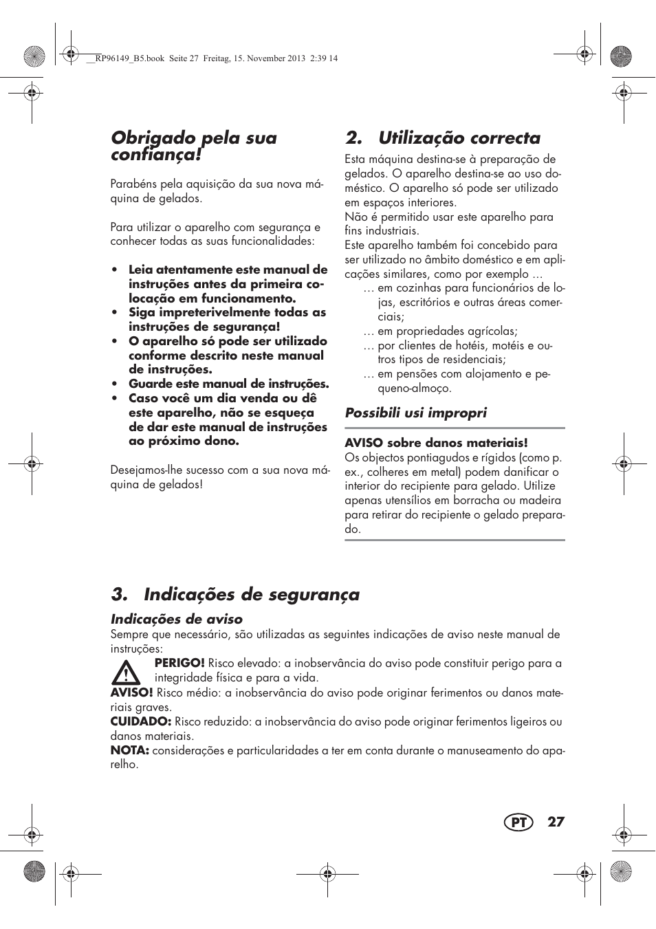 Obrigado pela sua confiança, Utilização correcta, Indicações de segurança | Silvercrest SECM 12 A1 User Manual | Page 29 / 62