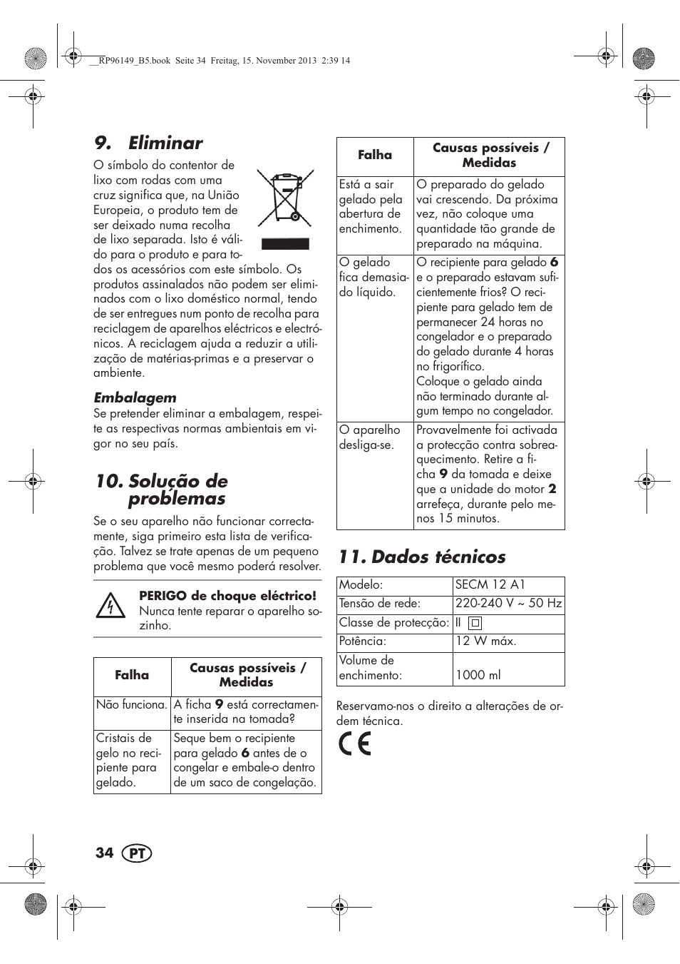 Eliminar, Solução de problemas, Dados técnicos | Silvercrest SECM 12 A1 User Manual | Page 36 / 62