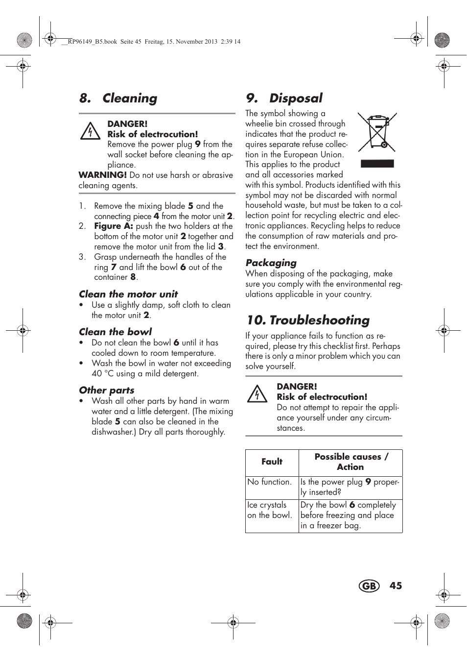 Cleaning, Disposal, Troubleshooting | Silvercrest SECM 12 A1 User Manual | Page 47 / 62