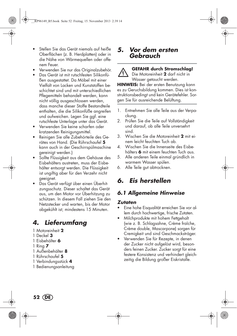 Lieferumfang, Vor dem ersten gebrauch, Eis herstellen | Silvercrest SECM 12 A1 User Manual | Page 54 / 62