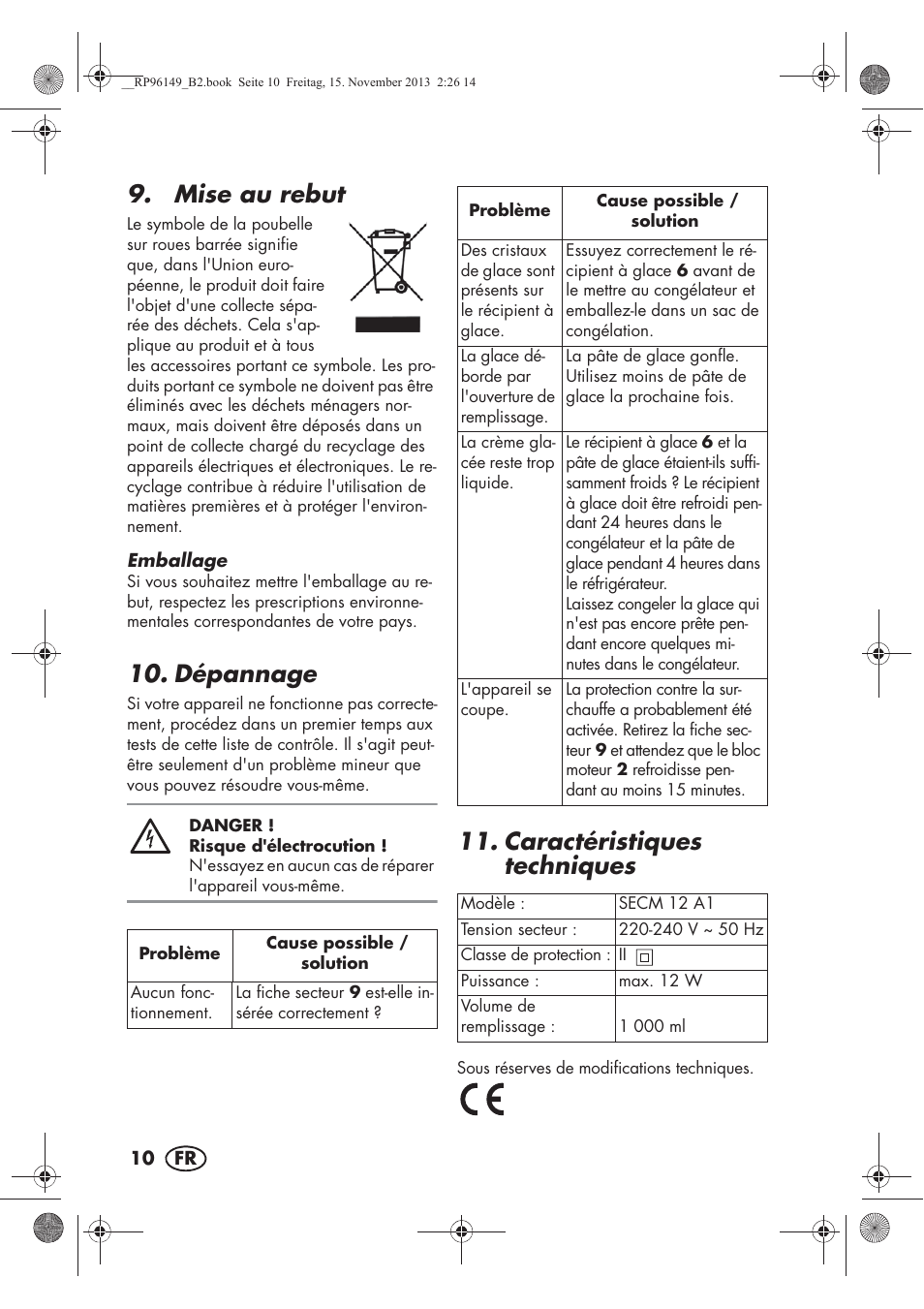 Mise au rebut, Dépannage, Caractéristiques techniques | Silvercrest SECM 12 A1 User Manual | Page 12 / 46