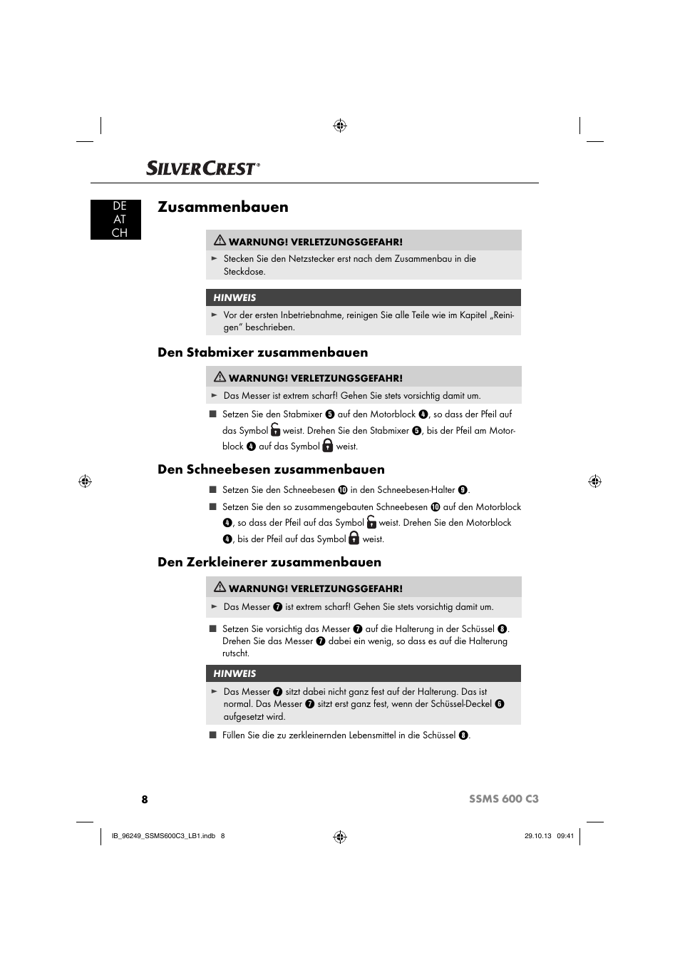 Zusammenbauen, Den stabmixer zusammenbauen, Den schneebesen zusammenbauen | Den zerkleinerer zusammenbauen, De at ch | Silvercrest SSMS 600 C3 User Manual | Page 11 / 94