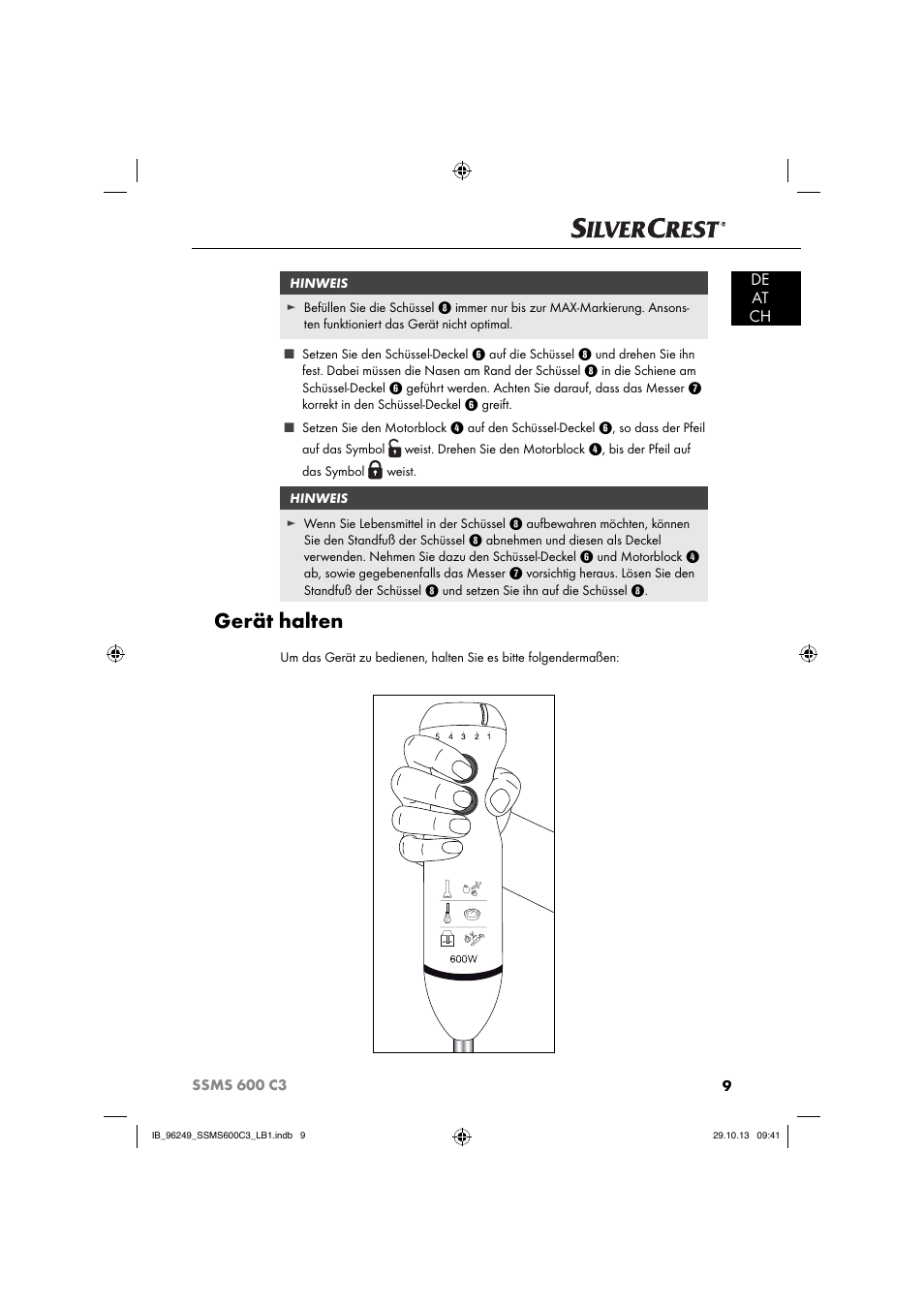 Gerät halten, De at ch | Silvercrest SSMS 600 C3 User Manual | Page 12 / 94